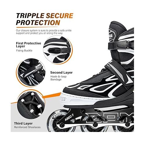  2PM SPORTS Vinal Girls Adjustable Flashing Inline Skates, All Wheels Light Up, Fun Illuminating Skates for Kids and Men