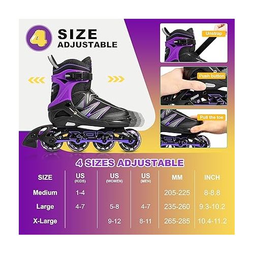  2PM SPORTS Girls Adjustable Inline Skates, Fun Roller for Kids, Beginner Fun Illuminating Skates for Boys, Men and Ladies