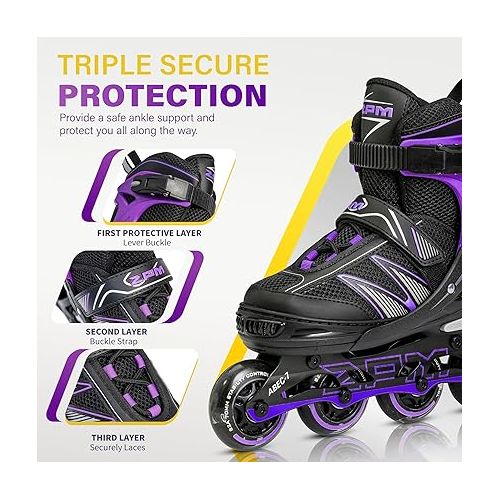  2PM SPORTS Girls Adjustable Inline Skates, Fun Roller for Kids, Beginner Fun Illuminating Skates for Boys, Men and Ladies