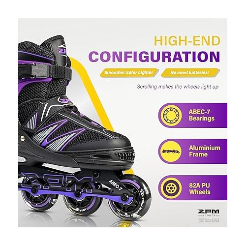  2PM SPORTS Girls Adjustable Inline Skates, Fun Roller for Kids, Beginner Fun Illuminating Skates for Boys, Men and Ladies