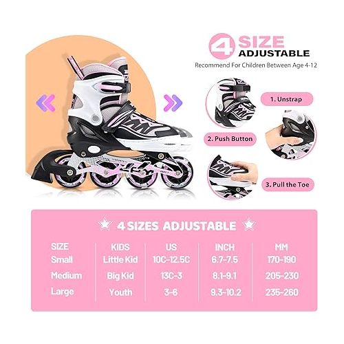  2PM SPORTS Cytia Pink Girls Adjustable Illuminating Inline Skates with Light up Wheels, Fun Flashing Beginner Roller Skates for Kids