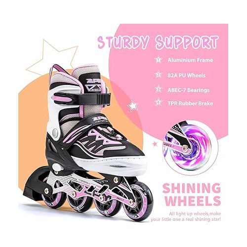  2PM SPORTS Cytia Pink Girls Adjustable Illuminating Inline Skates with Light up Wheels, Fun Flashing Beginner Roller Skates for Kids