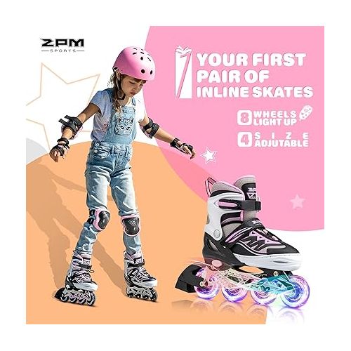  2PM SPORTS Cytia Pink Girls Adjustable Illuminating Inline Skates with Light up Wheels, Fun Flashing Beginner Roller Skates for Kids