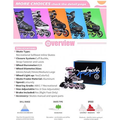  2PM SPORTS Cytia Pink Girls Adjustable Illuminating Inline Skates with Light up Wheels, Fun Flashing Beginner Roller Skates for Kids