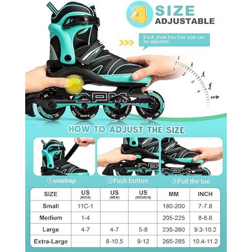  2PM SPORTS Kids Adjustable Inline Skates Ages 4-12, Youth Inlie Skates for Girls Boys 5-8 8-12 with Full Light Up Wheels, Beginner Women Adult Skates