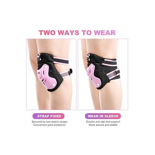  2PM SPORTS Knee Pads for Kids, Wrist Guards Knee and Elbow Pads Set with Drawstring Bag, Protective Gear Set for Girls Boys Roller Skating Cycling Skateboard - Pink Medium