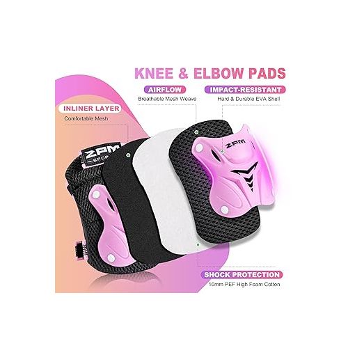  2PM SPORTS Knee Pads for Kids, Wrist Guards Knee and Elbow Pads Set with Drawstring Bag, Protective Gear Set for Girls Boys Roller Skating Cycling Skateboard - Pink Medium