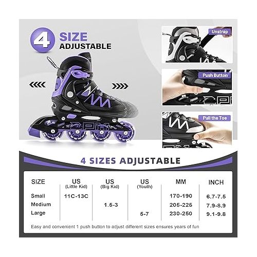  2PM SPORTS Girls Adjustable Inline Skates, Fun Roller for Kids, Beginner Illuminating Wheels Skates for Boys, Men and Ladies