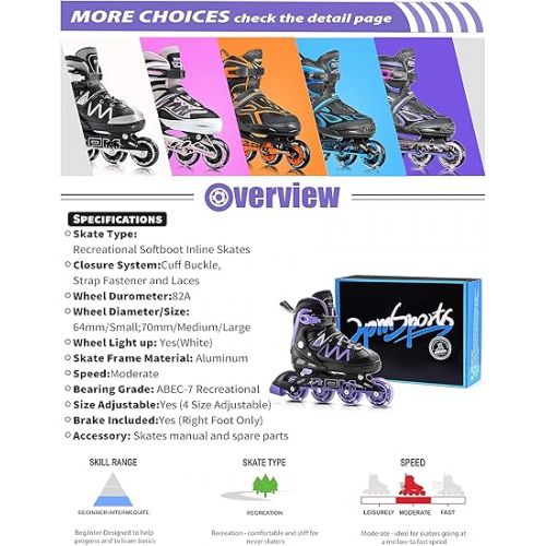  2PM SPORTS Girls Adjustable Inline Skates, Fun Roller for Kids, Beginner Illuminating Wheels Skates for Boys, Men and Ladies