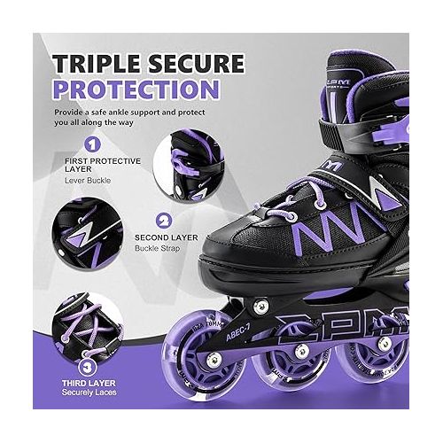  2PM SPORTS Girls Adjustable Inline Skates, Fun Roller for Kids, Beginner Illuminating Wheels Skates for Boys, Men and Ladies