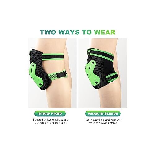  Knee Pads for Kids, Wrist Guards Knee and Elbow Pads Set with Drawstring Bag, Protective Gear Set for Girls Boys Roller Skating Cycling Skateboard - Green Medium