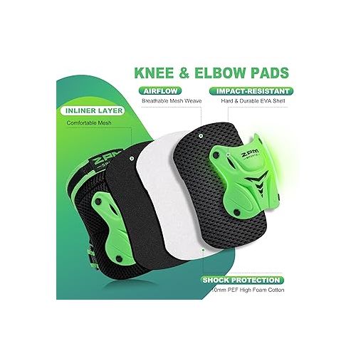  Knee Pads for Kids, Wrist Guards Knee and Elbow Pads Set with Drawstring Bag, Protective Gear Set for Girls Boys Roller Skating Cycling Skateboard - Green Medium