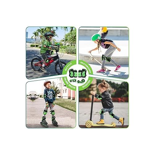  Knee Pads for Kids, Wrist Guards Knee and Elbow Pads Set with Drawstring Bag, Protective Gear Set for Girls Boys Roller Skating Cycling Skateboard - Green Medium