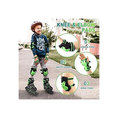  Knee Pads for Kids, Wrist Guards Knee and Elbow Pads Set with Drawstring Bag, Protective Gear Set for Girls Boys Roller Skating Cycling Skateboard - Green Medium