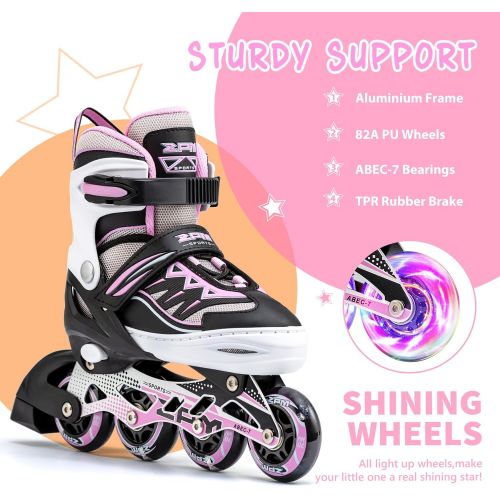  2PM SPORTS Cytia Pink Girls Adjustable Illuminating Inline Skates with Light up Wheels, Fun Flashing Beginner Roller Skates for Kids