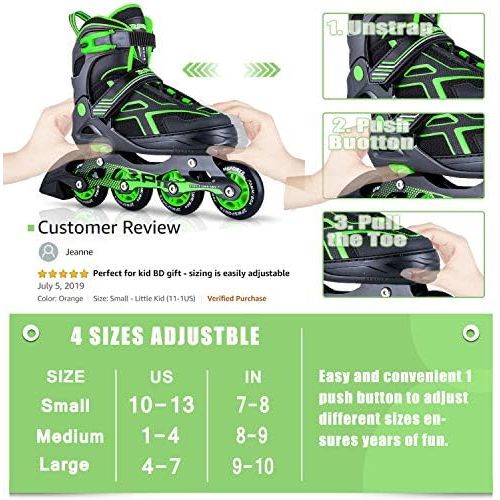  2PM SPORTS Torinx Orange/Red/Green Black Boys Adjustable Inline Skates, Fun Roller Blades for Kids, Beginner Roller Skates for Girls, Men and Ladies