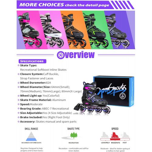  2PM SPORTS Vinal Girls Adjustable Inline Skates with Light up Wheels Beginner Skates Fun Illuminating Roller Skates for Kids Boys and Ladies… (Blue, X-Large(7M/8W-10M/11W US))