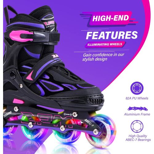  2PM SPORTS Vinal Girls Adjustable Inline Skates with Light up Wheels Beginner Skates Fun Illuminating Roller Skates for Kids Boys and Ladies… (Blue, X-Large(7M/8W-10M/11W US))