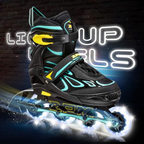  2PM SPORTS Vinal Girls Adjustable Inline Skates with Light up Wheels Beginner Skates Fun Illuminating Roller Skates for Kids Boys and Ladies… (Blue, X-Large(7M/8W-10M/11W US))