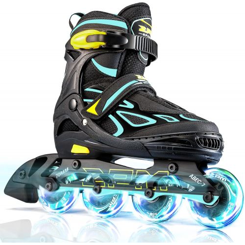  2PM SPORTS Vinal Girls Adjustable Inline Skates with Light up Wheels Beginner Skates Fun Illuminating Roller Skates for Kids Boys and Ladies… (Blue, X-Large(7M/8W-10M/11W US))