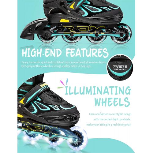  2PM SPORTS Vinal Girls Adjustable Inline Skates with Light up Wheels Beginner Skates Fun Illuminating Roller Skates for Kids Boys and Ladies… (Blue, X-Large(7M/8W-10M/11W US))