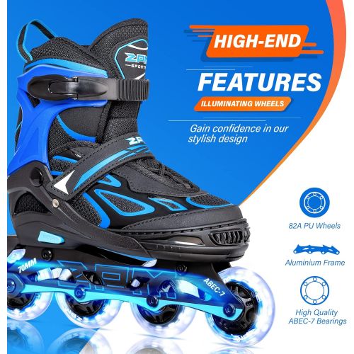  2PM SPORTS Vinal Girls Adjustable Inline Skates with Light up Wheels Beginner Skates Fun Illuminating Roller Skates for Kids Boys and Ladies… (Blue, X-Large(7M/8W-10M/11W US))