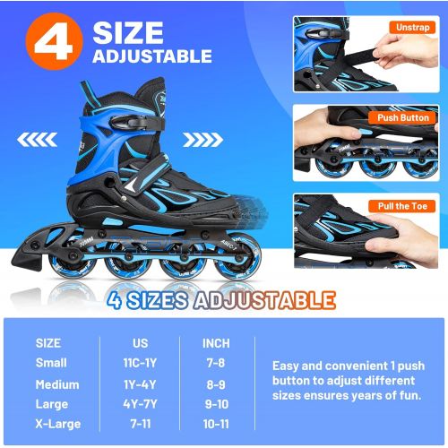  2PM SPORTS Vinal Girls Adjustable Inline Skates with Light up Wheels Beginner Skates Fun Illuminating Roller Skates for Kids Boys and Ladies… (Blue, X-Large(7M/8W-10M/11W US))