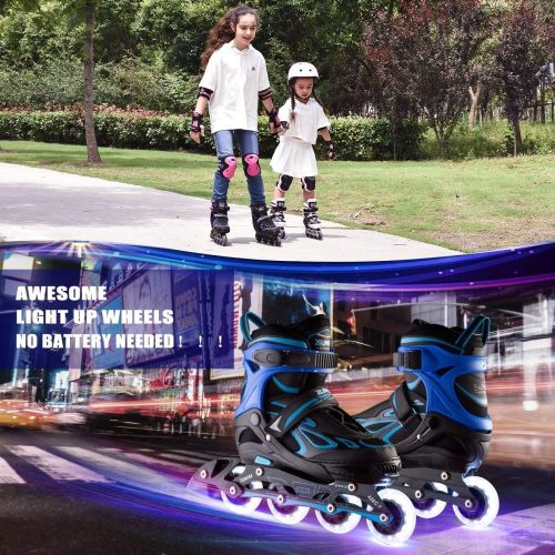  2PM SPORTS Vinal Girls Adjustable Inline Skates with Light up Wheels Beginner Skates Fun Illuminating Roller Skates for Kids Boys and Ladies… (Blue, X-Large(7M/8W-10M/11W US))