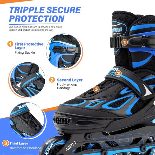  2PM SPORTS Vinal Girls Adjustable Inline Skates with Light up Wheels Beginner Skates Fun Illuminating Roller Skates for Kids Boys and Ladies… (Blue, X-Large(7M/8W-10M/11W US))