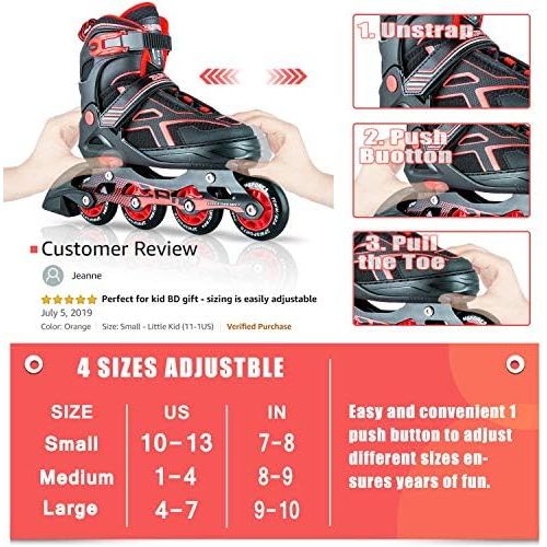  2PM SPORTS Torinx Orange/Red/Green Black Boys Adjustable Inline Skates, Fun Roller Blades for Kids, Beginner Roller Skates for Girls, Men and Ladies