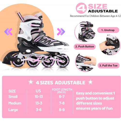  2PM SPORTS Cytia Pink Girls Adjustable Illuminating Inline Skates with Light up Wheels, Fun Flashing Beginner Roller Skates for Kids