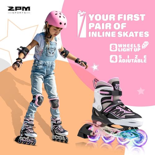  2PM SPORTS Cytia Pink Girls Adjustable Illuminating Inline Skates with Light up Wheels, Fun Flashing Beginner Roller Skates for Kids