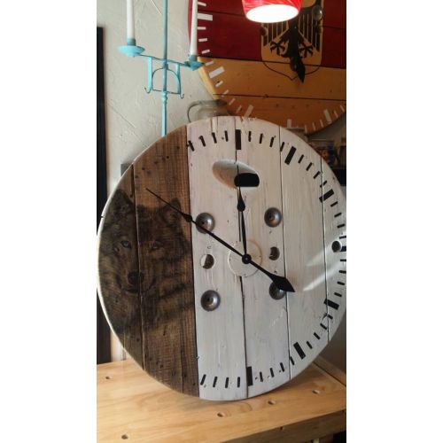  2ndTimeAroundCo 32 inch Wooden Wire Spool Clock / Wolf Wall Clock / Rustic Wall Decor / Housewarming Gift.