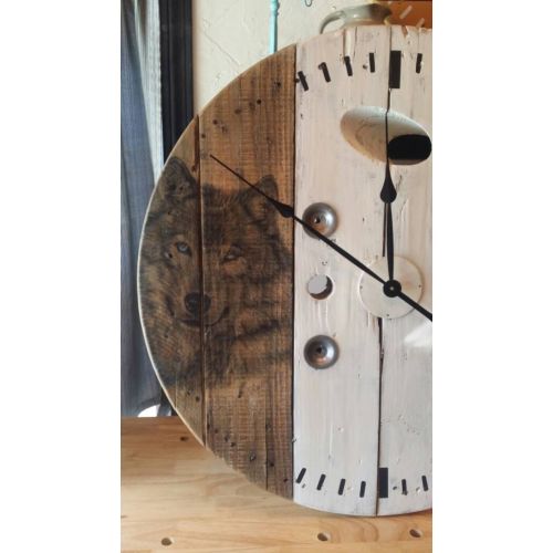  2ndTimeAroundCo 32 inch Wooden Wire Spool Clock / Wolf Wall Clock / Rustic Wall Decor / Housewarming Gift.