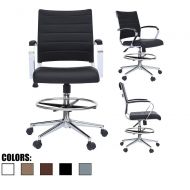 2xhome - Modern Adjustable Designer Ergonomic Office Drafting Chair Tilting Seat Office PU Leather Cushion Seat with Arms Foot Rest Ribbed Computer Desk Chair Black