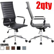 2xhome Set of 2 Black Modern High Back Ribbed PU Leather Tilt Adjustable Office Chair with Wheels Arm Rests Comfortable Desk Executive Mid Century Designer Desk