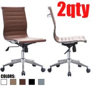 2xhome - Set of Two (2) - Brown - Modern Mid Back Ribbed PU Leather Swivel Tilt Adjustable Office Chair Armless Designer Boss Executive Management Manager Conference Room Work Task