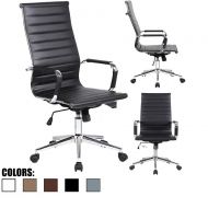2xhome - Designer Boss PU Leather with Arms Wheels Swivel Tilt Adjustable Executive Manager Mid Century Office Chair High Back Ribbed Modern Work Task Computer Black Desk Chair for