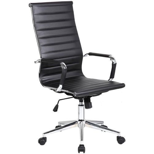  2xhome - Designer Boss PU Leather with Arms Wheels Swivel Tilt Adjustable Executive Manager Mid Century Office Chair High Back Ribbed Modern Work Task Computer Black Desk Chair for