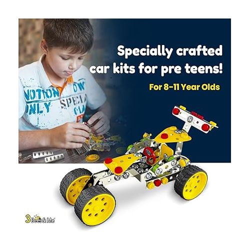  3 Bees & Me STEM Car Building Erector Toy Kit | Educational Metal Project for Boys and Girls Aged 8-11 Years Old (Ages 6-7 with Help) Beginner Gift Set for STEM Learning and Junior Engineers