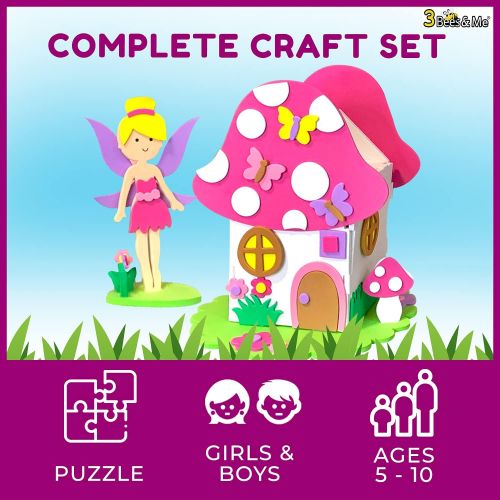  3 Bees & Me Fairy Garden Crafts Kit Fun DIY Fairy House and Doll Playset, Miniature Dollhouse Kit for Kids Indoor Activity for Children, Toy Craft Set for Little Girls and Boys Age