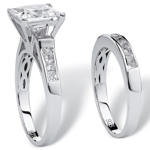  3.95 TCW Princess-Cut Cubic Zirconia Two-Piece Bridal Set in Platinum over Sterling Silver by Palm Beach Jewelry