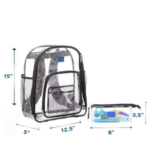  360 DESIGN BOX Clear Backpacks for School, Transparent Plastic Backpack for Travel, Clear Bag for Work with Pockets and Adjustable Padded Straps, See Through Bookbag and Matching Pencil Case - Bl