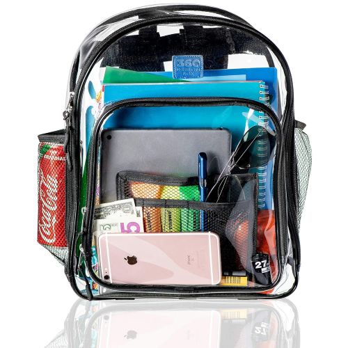  360 DESIGN BOX Clear Backpacks for School, Transparent Plastic Backpack for Travel, Clear Bag for Work with Pockets and Adjustable Padded Straps, See Through Bookbag and Matching Pencil Case - Bl