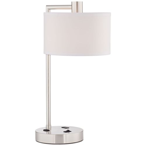  360 Lighting Modern Desk Table Lamp with USB and AC Power Outlet in Base Brushed Nickel White Linen Drum Shade for Bedroom Office