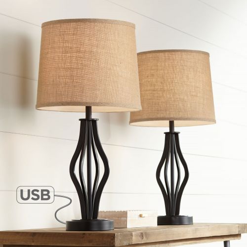  360 Lighting Modern Table Lamps Set of 2 with USB Charging Port Iron Bronze Drum Shade for Living Room Family Bedroom Office