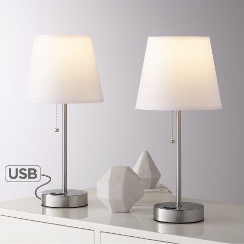  360 Lighting Modern Accent Table Lamps 18 High Set of 2 with USB Charging Port Silver Metal White Empire Shade for Bedroom Office
