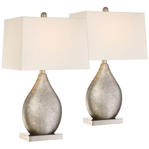  360 Lighting Modern Table Lamps Set of 2 Silver Metal Teardrop Off White Rectangular Shade for Living Room Family Bedroom Bedside