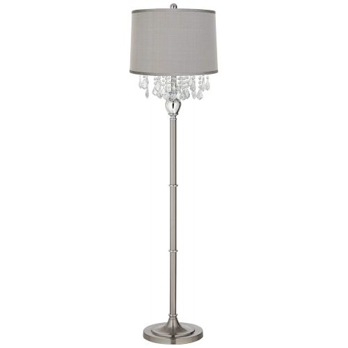  Modern Floor Lamp Satin Steel Chrome Crystal Chandelier Platinum Gray Silk Drum Shade for Living Room Reading Bedroom - 360 Lighting