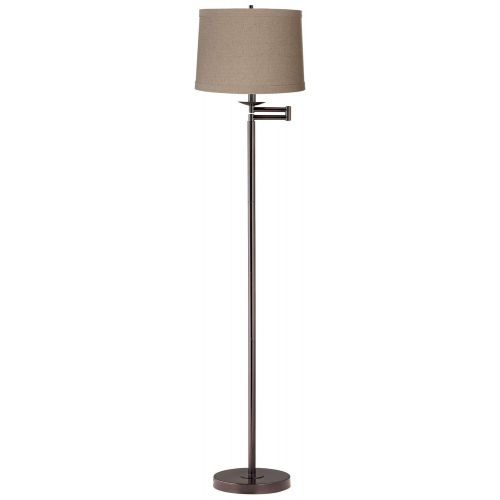  Modern Swing Arm Floor Lamp Bronze Natural Linen Drum Shade for Living Room Reading Bedroom Office - 360 Lighting